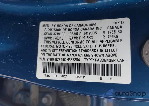 2013 Honda Civic Lx z USA, uszkodzony, nr VIN 2HGFB2F53DH587204